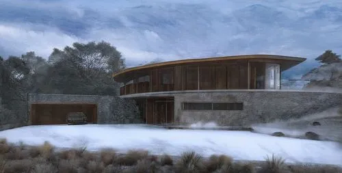 a very snowy setting and background in winter ,a house with the snow covering its roof and surrounding trees and shrubs,winter house,house in the mountains,snow house,house in mountains,zumthor,dunes 