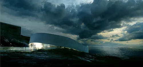 modern building by the sea, cloudy day,a huge cloud in the sky near an illuminated waterhole,snohetta,zumthor,costa concordia,elbphilharmonie,herakleion,wylfa,seasteading,cube sea,bjarke,britannic