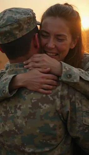 irst person view, emotional woman hugging a soldier in camouflage uniform, sorrowful goodbye, tearful expression, no visible smile, golden hour lighting, dramatic farewell, cinematic realism, natural 