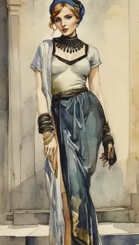 An odalisque character with black veils dancing in a haren,watercolor pin up,art deco woman,fashionista from the 20s,fashion illustration,david bates,watercolor women accessory,twenties women,vintage 