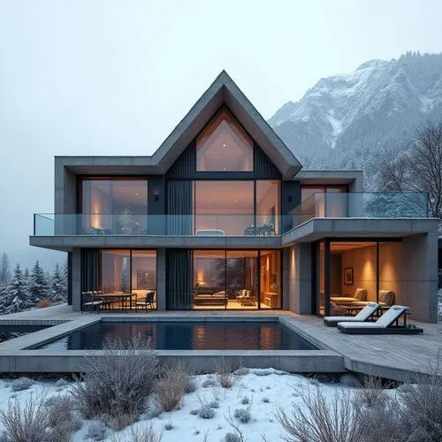 A hyper-realistic, high-resolution architectural photograph of a luxurious, alpine-style modern villa nestled in a mountainous landscape. The home features a prominent A-frame roof and is constructed 