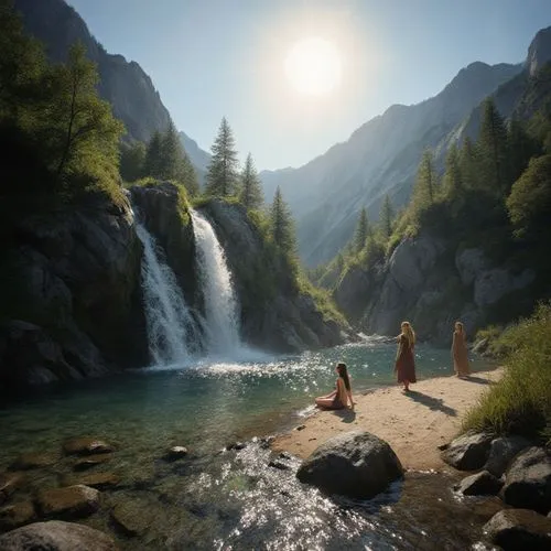 A realistic and detailed depiction of a beautiful little cove in a mountain valley in the heart of summer. Water cascades down a waterfall, forming a small lake that flows into a small river. Rocks an