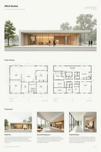 A professional architectural presentation board with a Pure background and a clean, minimalist design layout. The board includes:

Top Section: On the top left, a photorealistic render of a contempora