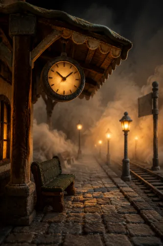 Detailed puppet-theater stage set, photographed as a wide-angle establishing shot, depicting a foggy night train station built from felt, foam, and fabric. A felt-covered wooden canopy holds a plush r