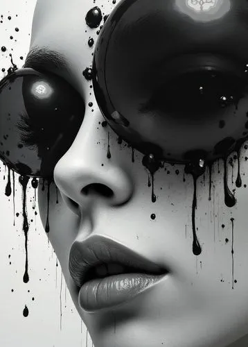 black and white photograph, close-up shot of an abstract woman painting, featuring large black bubbles in the foreground, smaller bubbles around the larger one, heavily overexposed reflections on the 