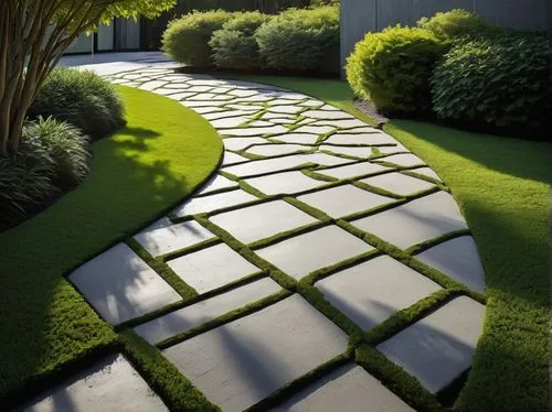 Modern, urban, architectural, concrete pavers, irregular shapes, grey tone, rough texture, outdoor flooring, backyard, garden, lush greenery, surrounding trees, natural ambiance, warm sunlight, subtle