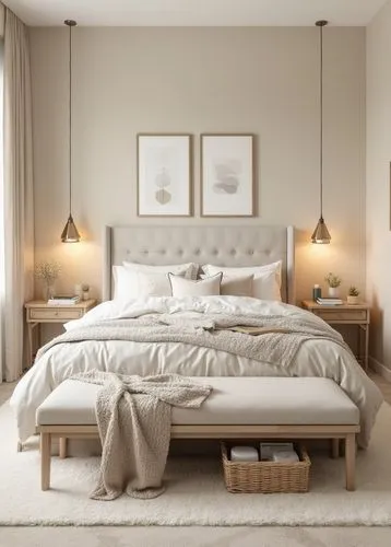 Modern cozy bedroom in neutral tones, large plush bed with a tufted beige headboard, white and cream layered bedding, textured knit throw blanket, soft carpeted floor with shaggy white area rug, wicke