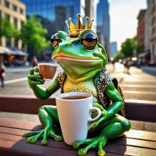 Frog queen in the city drinking coffee,frog king,frog prince,tea zen,jazz frog garden ornament,squirrel tree frog,green frog,barking tree frog,frog background,tea,bull frog,frog figure,woman frog,tea 
