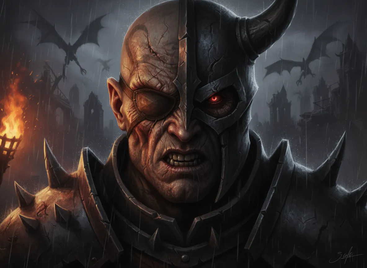 Un primo piano dettagliato del volto di un personaggio semicoperto dall'ombra, che dimostra l'illuminazione a chiaroscuro in stile Grimdark Fantasy.