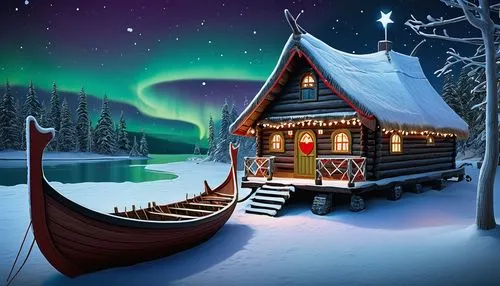 Create a magical winter scene featuring a traditional Viking-style log cabin and an ancient Viking ship in 8k crisp high definition, both decorated with festive holiday elements. The log cabin is made
