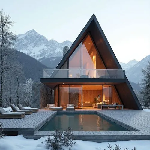 A hyper-realistic, high-resolution architectural photograph of a luxurious, alpine-style modern villa nestled in a mountainous landscape. The home features a prominent A-frame roof and is constructed 
