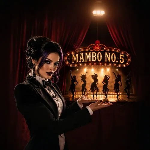 woman in black outfit holding onto sign in theater setting,cabaret,1920's retro,maraschino,retro woman,retro background,marionette,mambo,manumission,vintage background,inamorata,amaretto,mafia,circus 