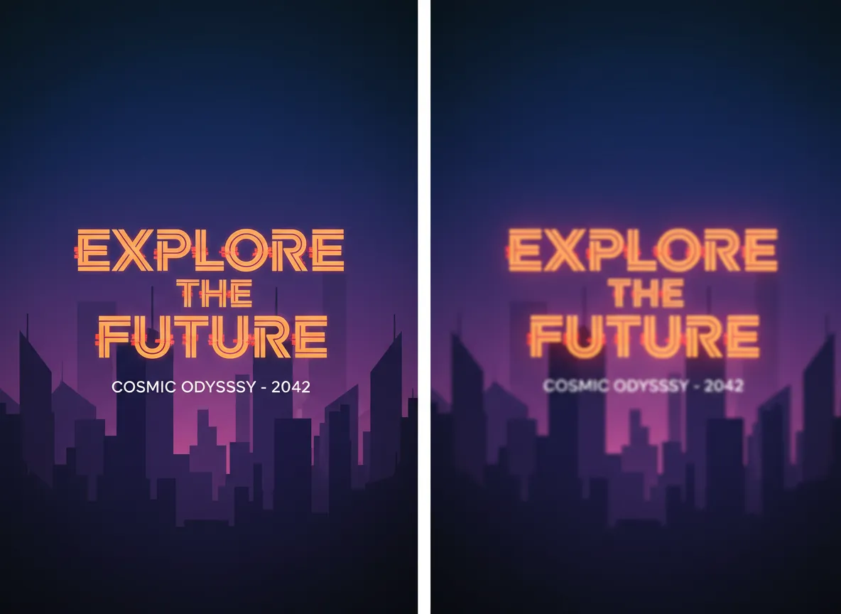 Ein Nebeneinander-Vergleich, der ein flaches Posterdesign neben demselben Poster zeigt, das mit der geringen Schärfentiefe von PromeAI verbessert wurde, wodurch der zentrale Text hervorsticht.