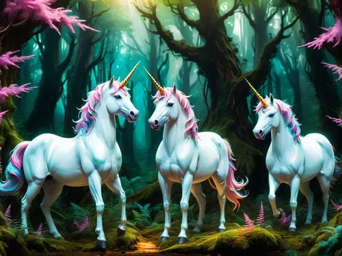 three unicorns in a magical forest,an image of three unicorns standing in the forest,unicorn background,unicorns,unicorn art,licorne,fairy forest,unicorn,Conceptual Art,Fantasy,Fantasy 02