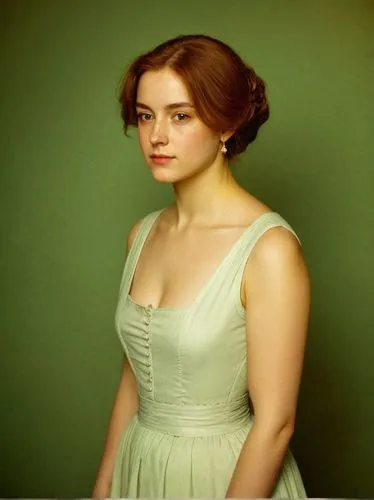 Mary Ward,a beautiful young woman posing in front of a green wall,vintage female portrait,vintage woman,girl in a long dress,green dress,dirndl,in green,young woman,noblewoman,portrait background,debu