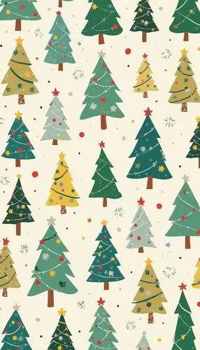 A playful Christmas wallpaper featuring Christmas trees, styled with bright and colorful tones, evoking a festive and cheerful atmosphere.,various trees are arranged in rows on a white background,chri
