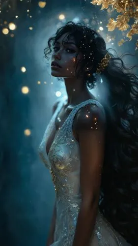 An enigmatic, detailed digital illustration of a woman's captivating presence and the mysterious depth beyond her eyes. Her stunning curls, cascading gold earrings, and long dark hair create a captiva