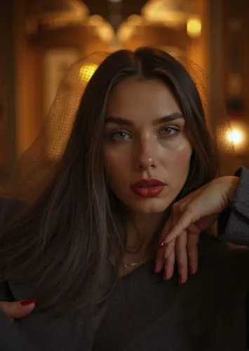 a stunning portrait of a beautiful young woman, 22 years old, with long brown hair, blue eyes, and red lips, wearing a gray jacket. She is seated in a cozy chair in an elegant, warmly lit restaurant w
