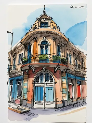 Costa Rica,watercolor cafe,french building,watercolor shops,facade painting,french quarters,facades,frontages,brasseries,watercolor tea shop,abbesses,old architecture,colorful facade,shopfronts,old to