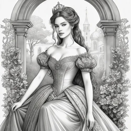 a drawing of a woman in an elegant dress,victorian lady,noblewoman,maxon,victoriana,margaery,princess sofia,queen anne,victorian style,celtic queen,duchesse,frigga,milady,rosaline,belle,arwen,countess