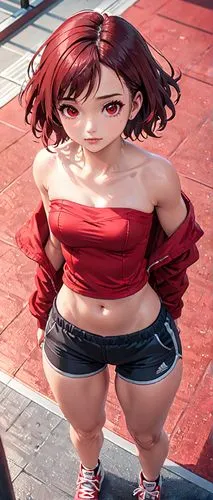 Uma jovem usando uma camisa sem alças  vermelha e um short de academia bem colado,honmei choco,anime 3d,red skirt,gain,mikuru asahina,azuki bean,kotobukiya,skort,ruby red,ruby,candela,red,red robin,an