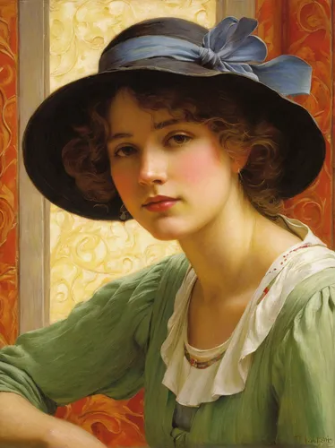 Charles Courtney Curran 1861-1942 | American Impressionist painter,portrait of a girl,the hat of the woman,woman's hat,portrait of a woman,lilian gish - female,the hat-female,young woman,girl wearing 