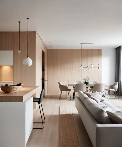 Aerial photography, detailed, serene oil painting: In a modern minimalist house. ,modern living room with modern furnishings and lights,modern kitchen interior,minotti,associati,interior modern design