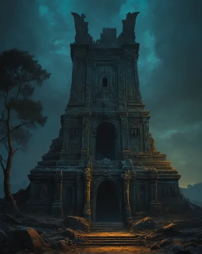 night Zdzisław Beksiński tomb king ,mausoleum ruins,ancient city,ruins,the ruins of the,ghost castle,mortuary temple,ruin,stone pagoda,haunted cathedral,tombs,watchtower,necropolis,sepulchre,egyptian 