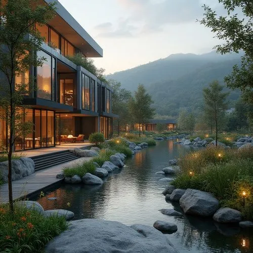 Rolling hills, serene lakeside, lush greenery, vibrant wildflowers, meandering walkways, rustic wooden benches, natural stone retaining walls, harmonious landscape integration, modern architecture ble