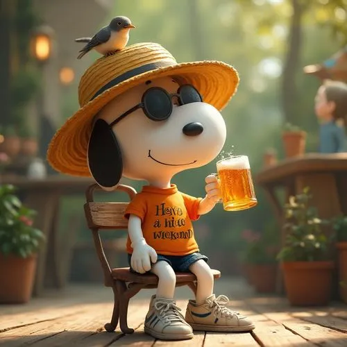 Ein Bild von Snoopy , der in einem Biergarten auf einem Stuhl sitzt, und Bier trinkt. Er trägt ein T-shirt mit der Aufschrift "Schönes Wochenende", Sneakers, einen Strohhut, shorts, und eine Sonnenbri