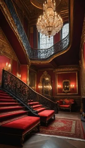 Baroque style, ornate golden frames, intricate carvings, luxurious velvet drapes, grandiose chandeliers, lavish furnishings, richly textured rugs, regal red walls, imposing stone columns, sweeping sta
