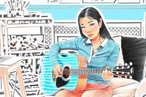 CARTOON COLOR,playing the guitar,guitar,photo painting,girl-in-pop-art,acoustic guitar,classical guitar,guitar player,home studio,painted guitar,woman playing,digital artwork,guitarist,writing,concert