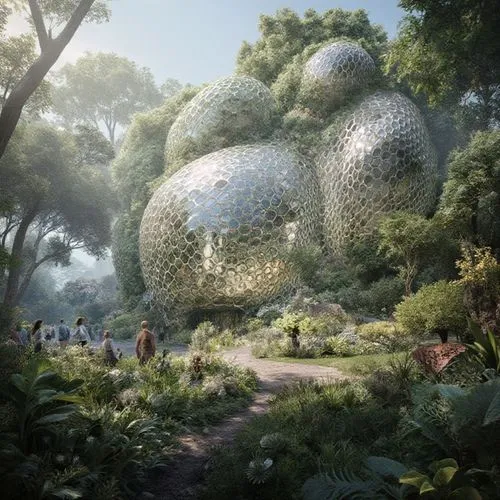 An architectural marvel inspired by natural forms and organic structures. shapes of plant cells, beehives, coral reefs, blends with its surroundings. Use of biomimicry, sustainable materials, and ener