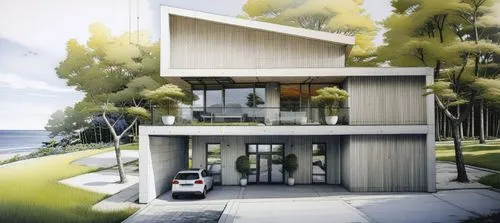 a car is parked at the side of the building,modern house,prefab,inverted cottage,residential house,house with lake,mid century house