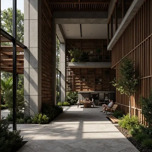 Rustic stone walls, smooth wooden accents, rough-hewn concrete columns, velvety green moss, intricate metal latticework, transparent glass fa\u00e7ades, soft ambient lighting, dramatic shadow play, ju
