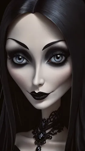 Close-up charicature of Morticia Addams, her pale skin contrasting with her long, dark hair and piercing gaze. She wears a flowing black gown and a faint, enigmatic smile, exuding an aura of gothic el
