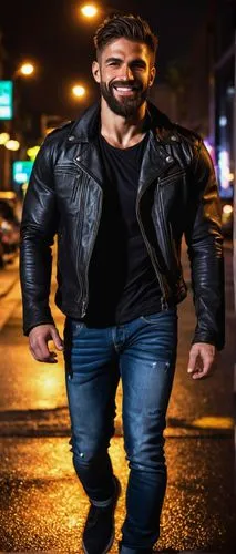 Muscular man, hot guy, hairy chest, six-pack abs, strong arms, bearded, messy brown hair, intense gaze, sweat drips down face, rugged skin, denim jeans, black leather jacket, bold stance, confident sm