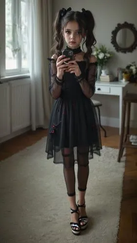 wearing glossy black and white high platform tie-up sandals ,a young girl in black wearing a long sleeved dress,doll dress,doll looking in mirror,little girl ballet,little girl dresses,a girl in a dre