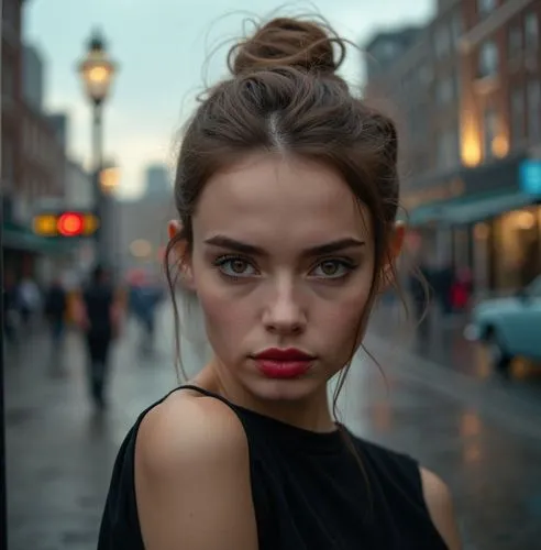 a conceptual art  portrait of a beautiful Caucasian young woman, 22 years old with brown hair, brown eyes, and red lips, she has her hair tied up with a bun, she is wearing a black dress with a neckli
