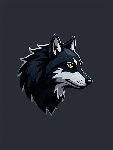 A majestic wolf's head or full-body silhouette incorporated into a modern, abstract logo design, featuring bold lines, minimalist shapes, and a predominantly dark color scheme with accents of silver o