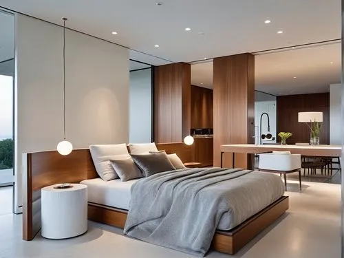 Aerial photography, detailed, serene oil painting: In a modern minimalist house. Gray wood cabinets. White floor. ,a modern bedroom is lit by large window,modern room,interior modern design,contempora