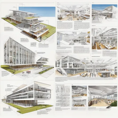  an architectural presentation board of an architectural project of modern school, floor plans, views, sections, schematic concept studies, perspectives, 3D renders, texts, section drawing of classroo