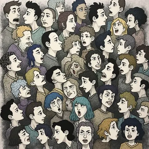 several people stand together and scream at each other,group of people,vector people,faces,cartoon people,multitude,visages,audience,bystanders,doppelgangers,crowded,crowding,overcrowded,troubadours,h