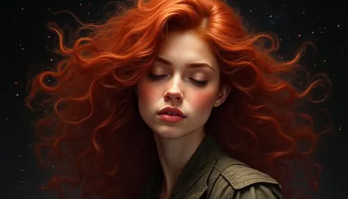 A detailed digital illustration of a confident young woman, her fiery curls and cascading hair captivatingly. The piece is richly textured, its eyes closed, adding mystery and intrigue. The piece is a