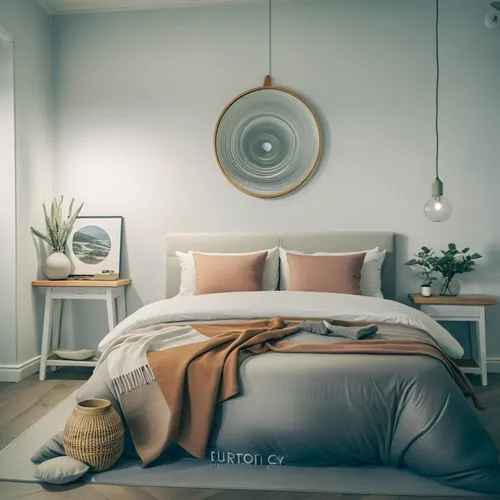 A real life  view of a room with nordic furniture ,Oasis Designs interior design of a bedroom with a large bed and wooden floor,bedroom,headboards,modern decor,headboard,guest room,modern room
