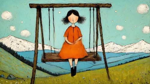 girl on a swing in the mountain,wooden swing,garden swing,empty swing,swing set,swing,hanging swing,little girl in wind,girl in a long,dreams catcher,tightrope walker,swinging,chairlift,girl with a wh