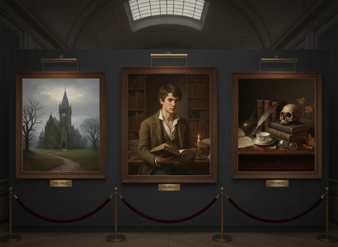 Una galleria di diverse immagini Dark Academia create con PromeAI, che mostrano un ritratto, un paesaggio e una natura morta.