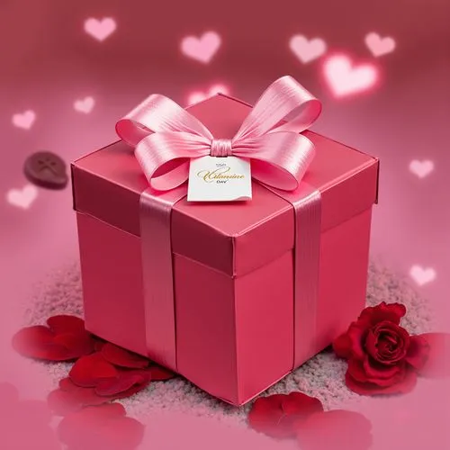 A romantic heart-shaped gift box in a glossy deep pink color, adorned with a delicate lace ribbon and a small tag featuring cursive typography in gold. The box rests on a soft bed of rose petals, with