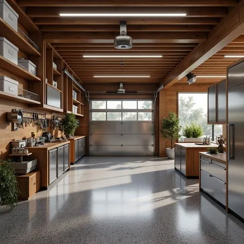 Modern garage interior, warm wooden tones, sleek metal accents, organized storage systems, adjustable shelving units, labeled bins, translucent plastic containers, LED lighting strips, epoxy resin flo