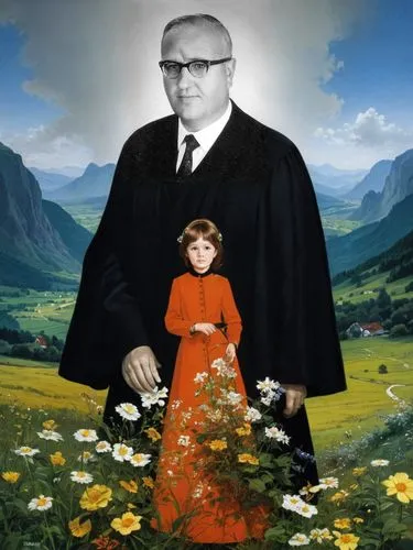 Der deutsche evangelische Pfarrer Hans Felder im Jahre 1970.,a man and woman in a field of flowers with a landscape background,adorno,honecker,andropov,rbg,humanae,ceaucescu